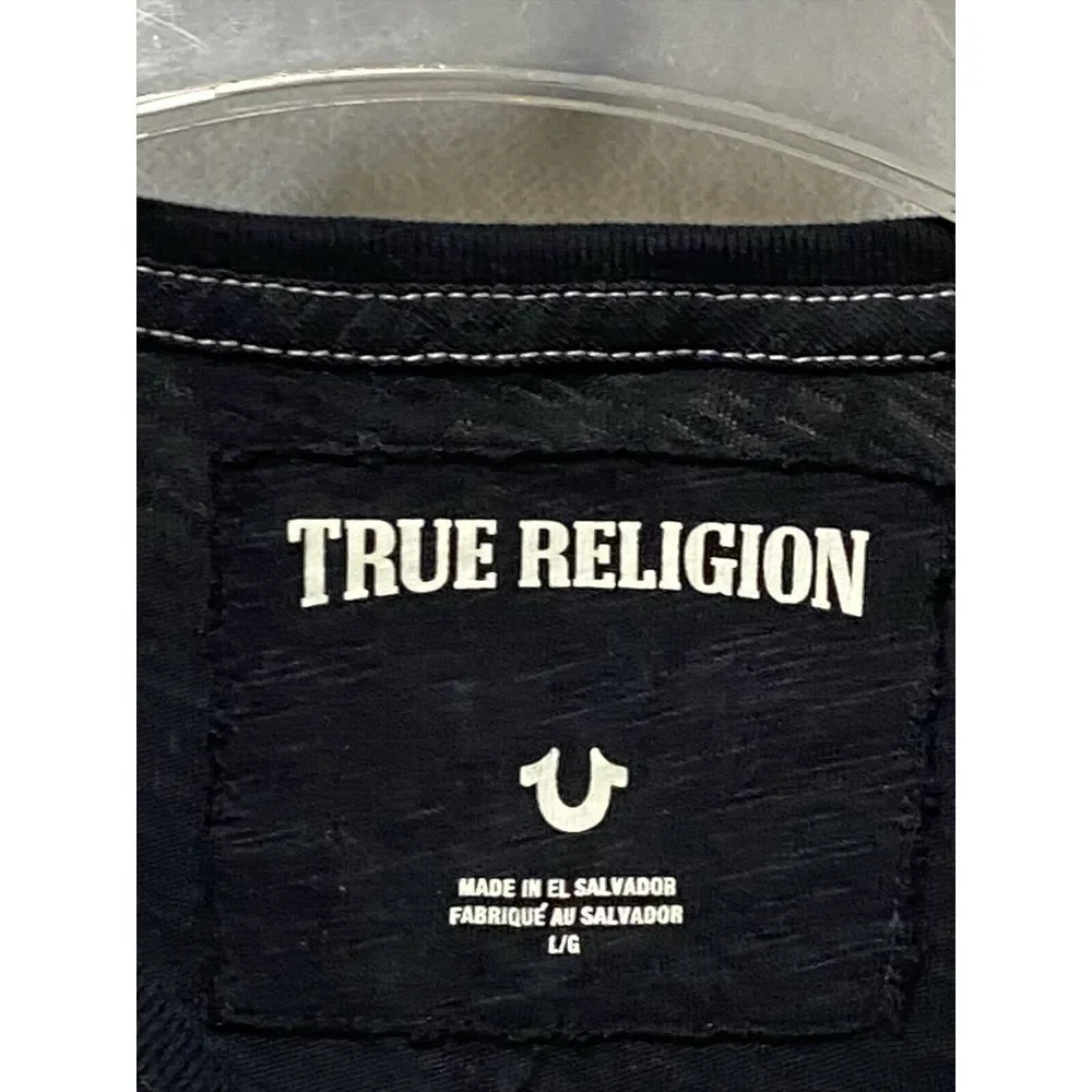 NWOT Vintage True Religion Men T-Shirt Size L Black Spell Out Retro Logo Tee Y2K